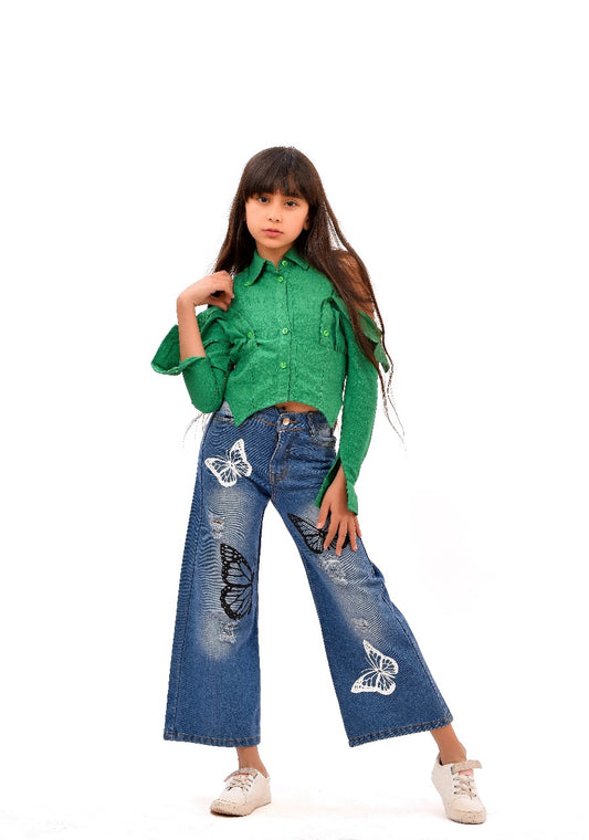 white & green cold-shoulder blouse