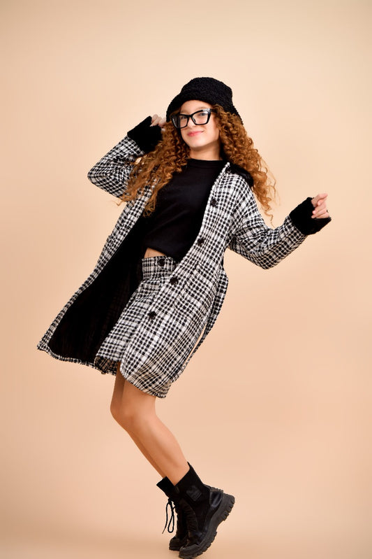 black-and-white houndstooth coat