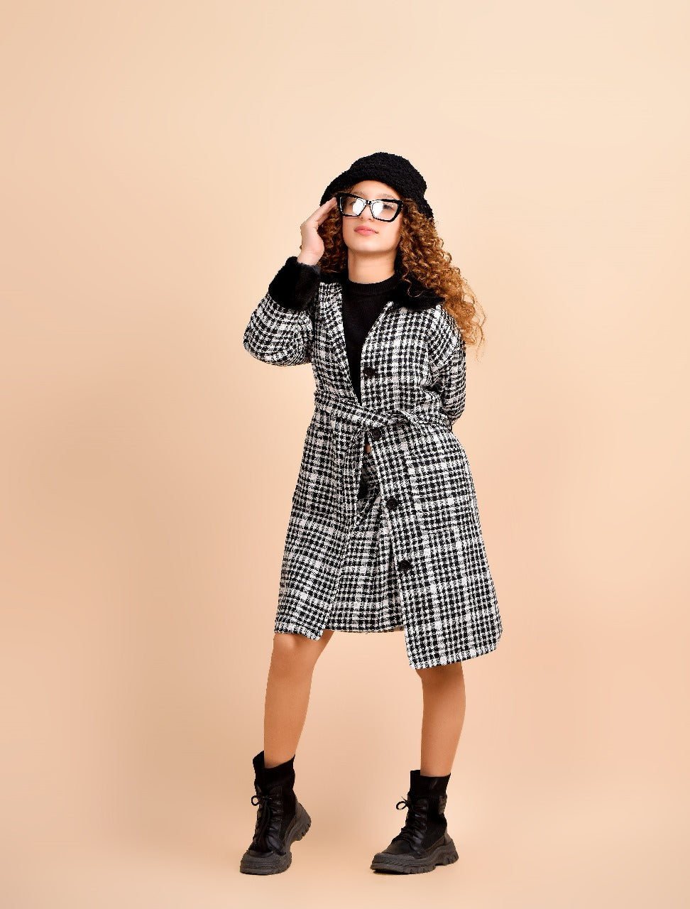 black-and-white houndstooth coat