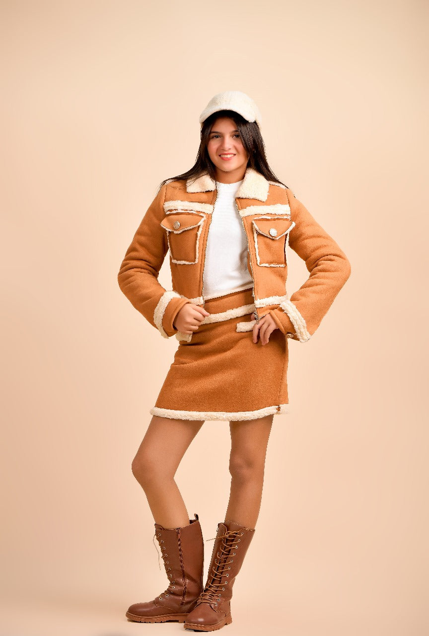 jacket paired with a matching mini skirt