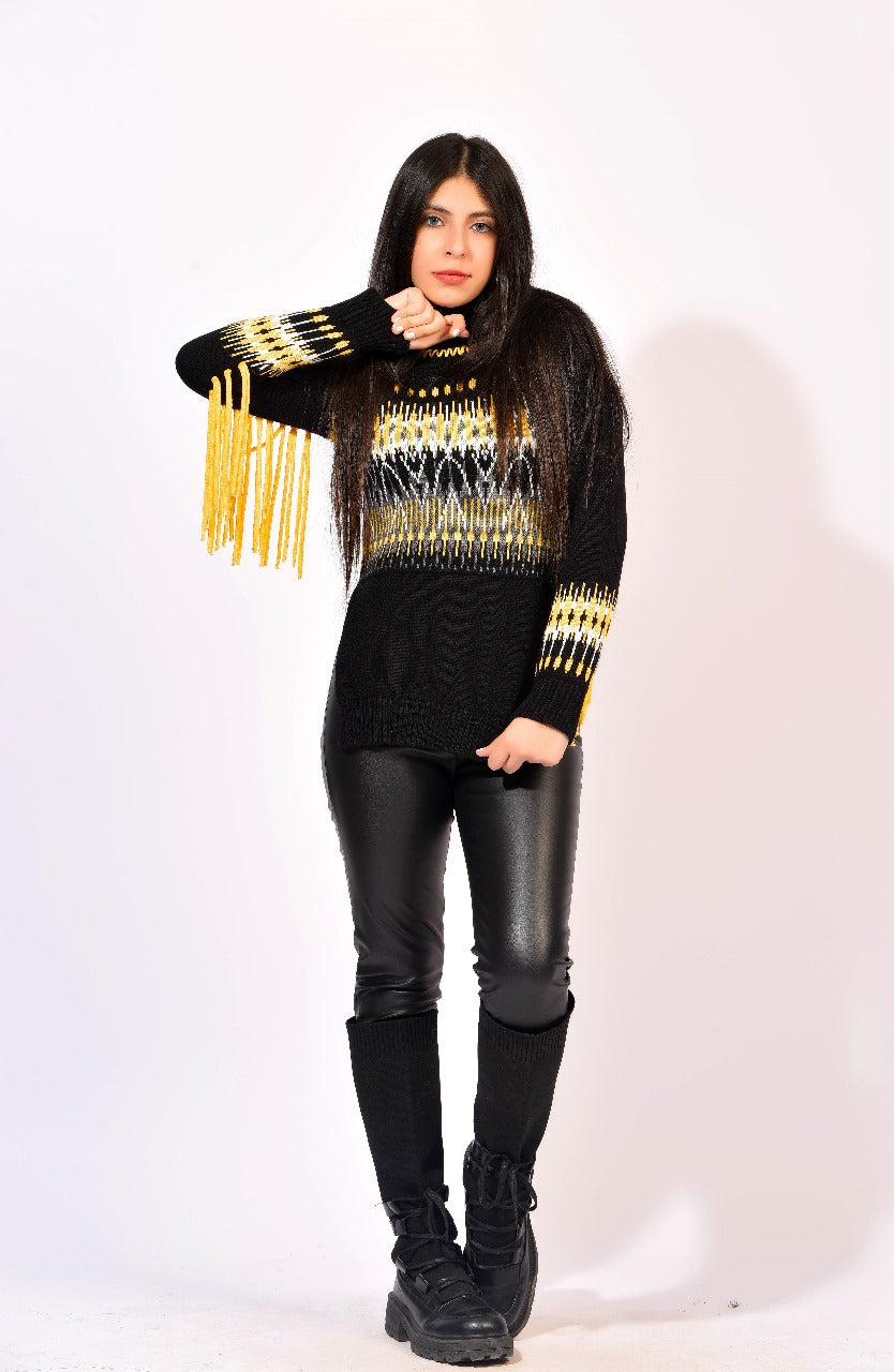 striking yellow and white pattern sweater