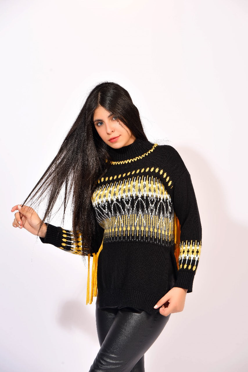 striking yellow and white pattern sweater