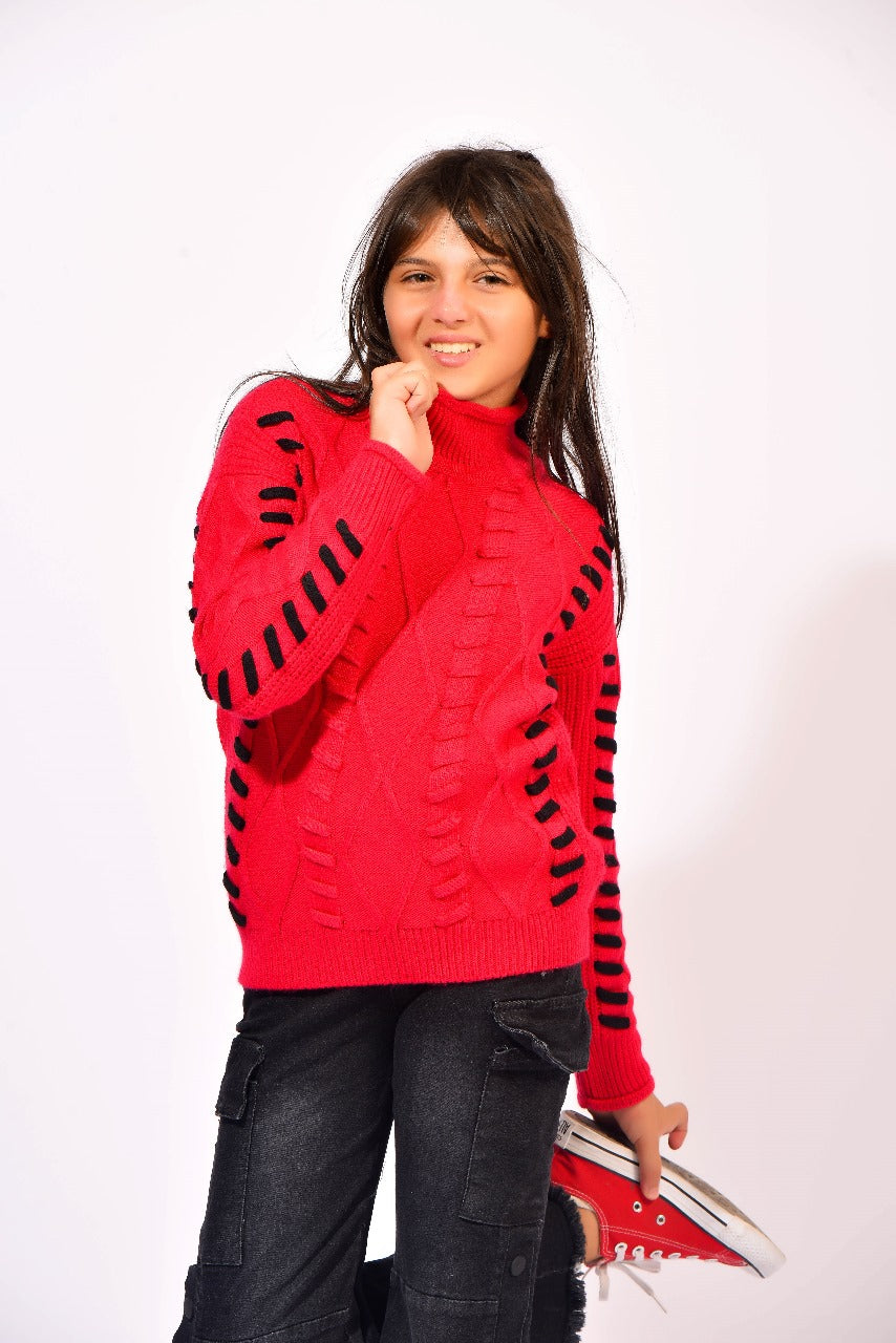 stitched detailing red knit sweater