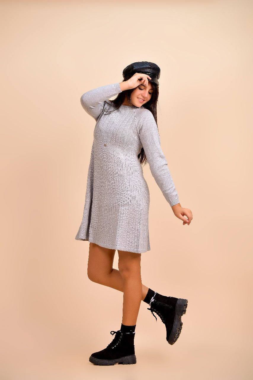 light gray knit dress with long sleeves