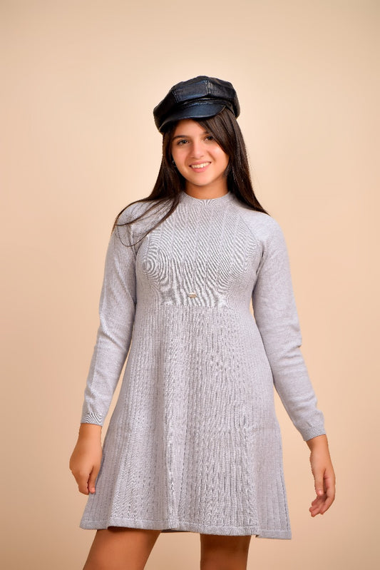 light gray knit dress with long sleeves
