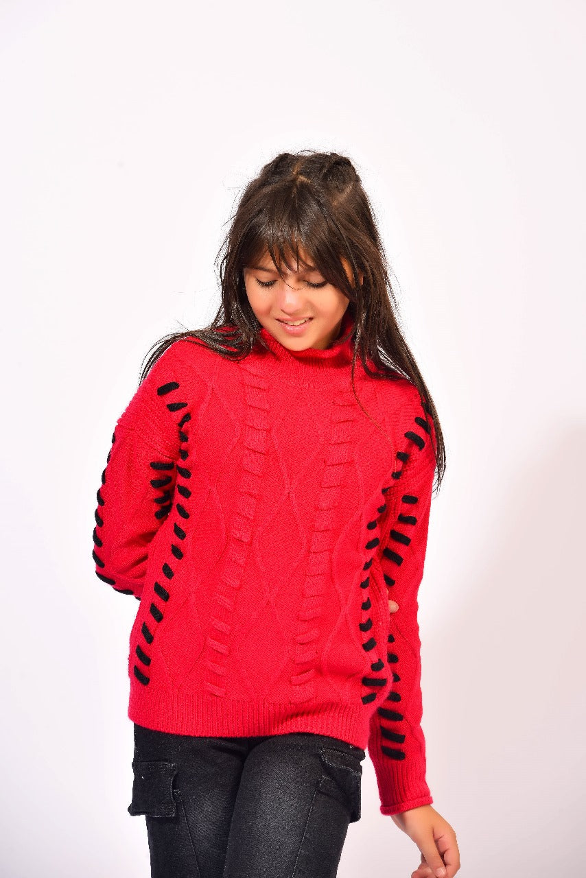 stitched detailing red knit sweater