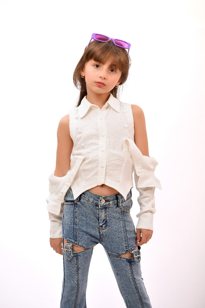 white & green cold-shoulder blouse