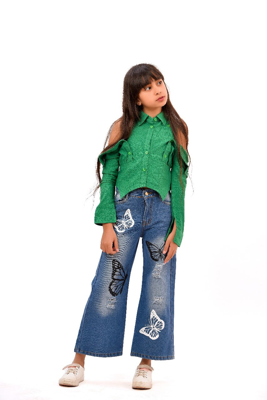 white & green cold-shoulder blouse