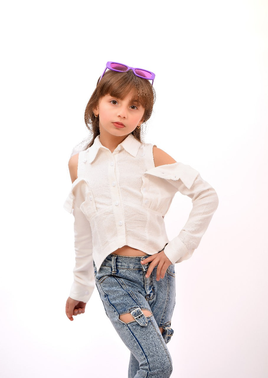 white & green cold-shoulder blouse