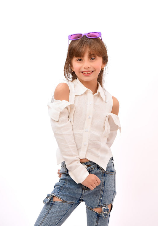 white & green cold-shoulder blouse